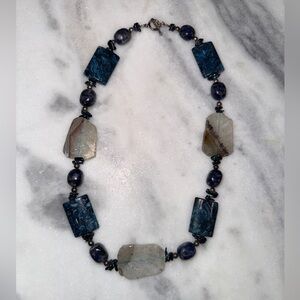 Stone Necklace 22” in Length. Blue Lapis and Neutral / taupe Stone